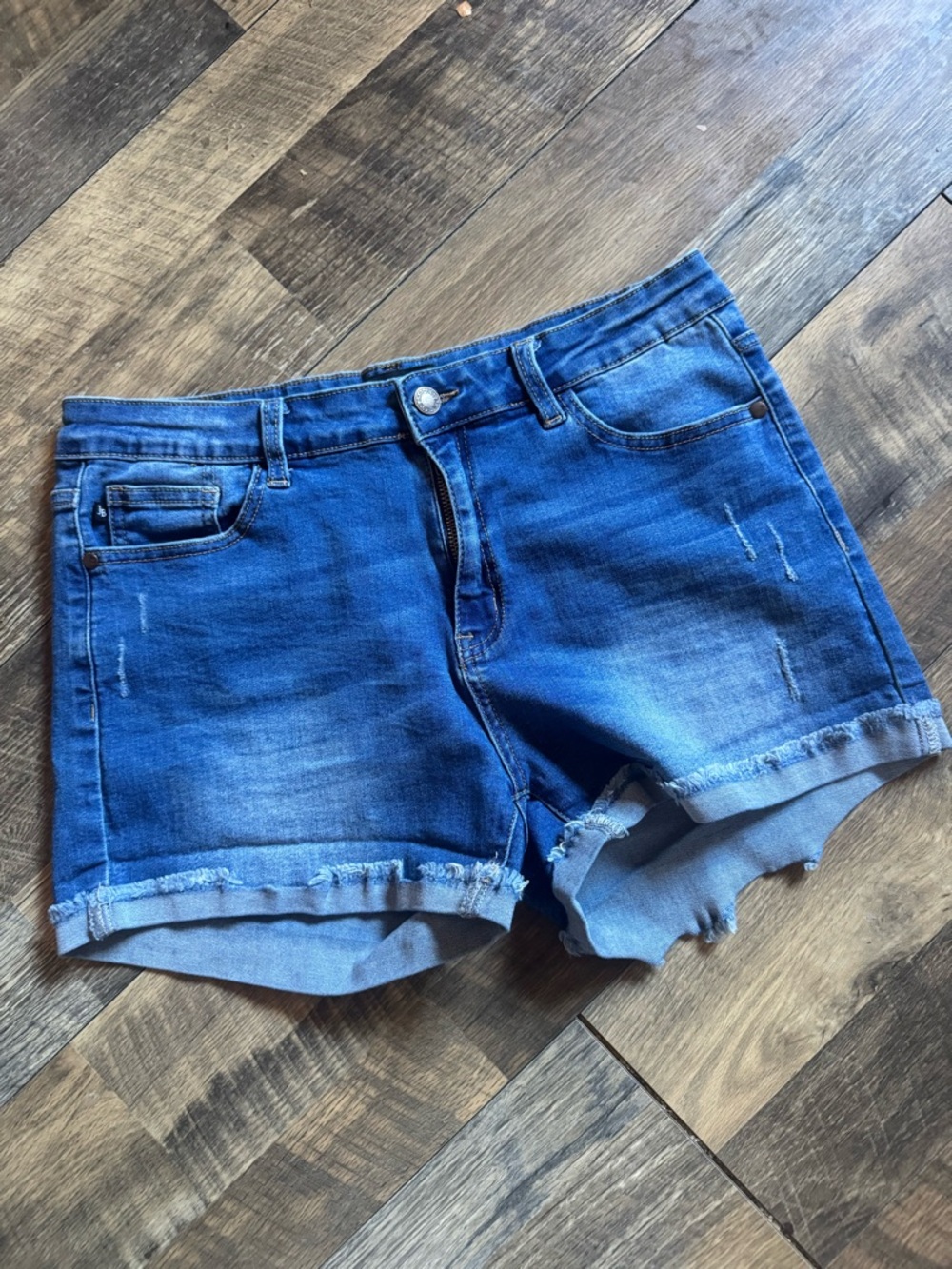 Judy Blue Distressed Rolled-Hem Denim Shorts - Blue
